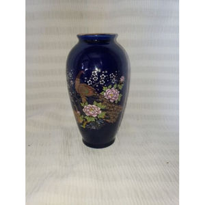 Japanese Blue Cobalt and Gold Peacock Vase Vintage Ceramic 6 inch - Hand Painted